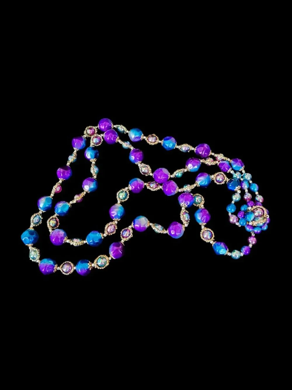 Vintage 1950s Japan Double Strand Blue Purple Moonglow Lucite AB Necklace - Picture 3 of 9